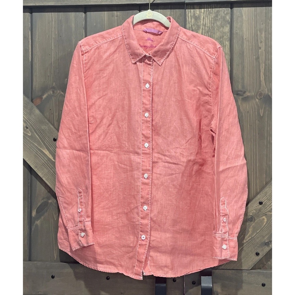 Tommy Bahama Linen Button Down Shirt Coral Pink Casual Chic Long Sleeve Womens L